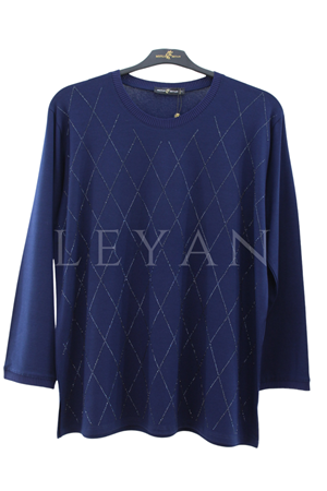 Mutlu Ertan Uzun Kollu Baklava Taşlı Bluz- LYN04525 Lacivert