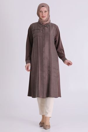 Behrem Nervürlü Qupra Tunik- LYN04563 Kahve