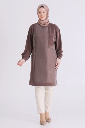 Behrem Cep Ve Nervür Detaylı Tunik- LYN04564 Kahve