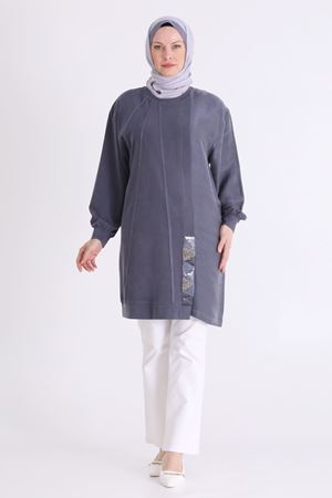Behrem İşleme ve Qupra Detaylı Tunik- LYN04565 Lacivert