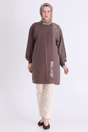 Behrem İşleme ve Qupra Detaylı Tunik- LYN04565 Kahve