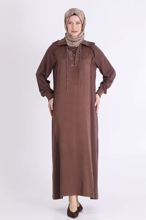 Behrem Önü Taş İpli Qupra Elbise- LYN04568 Kahve