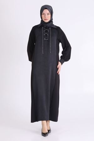 Behrem Önü Taş İpli Qupra Elbise- LYN04568 Siyah