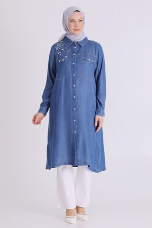 Behrem İşlemeli Tensel Tunik- LYN04567 Koyu Mavi