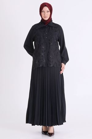 Behrem İşlemeli Etekli Takım- LYN04572 Siyah