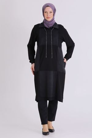 Behrem Parçalı Yakası İpli Tunik- LYN04584 Siyah