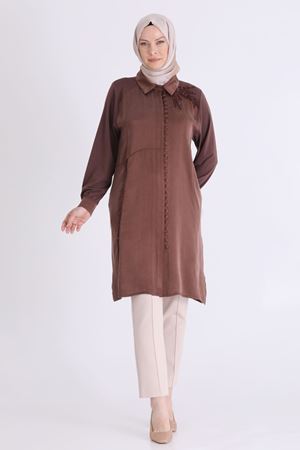 Behrem İşlemeli Tunik- LYN04588 Kahve