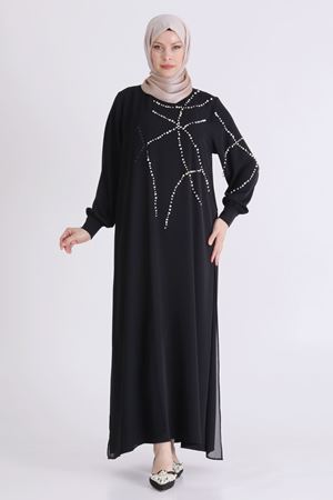 Behrem İncili Taşlı Elbise- LYN04591 Siyah