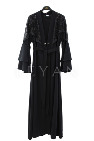 Orhan Store Omzu İşlemeli Abaya Takım- LYN04601 Siyah