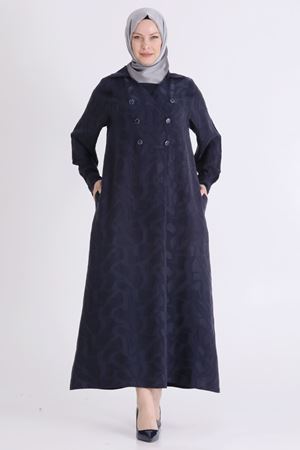 Behrem Jakarlı Düğmeli Elbise-LYN04613 Lacivert