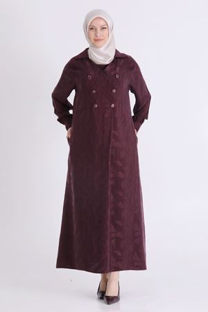 Behrem Jakarlı Düğmeli Elbise-LYN04613 Mürdüm