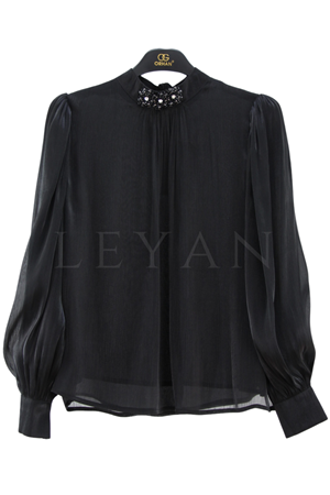 Orhan Store Yakası Taşlı Bluz- LYN04638 Siyah