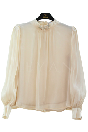 Orhan Store Yakası Taşlı Bluz- LYN04638 Bej