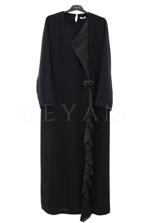 Dule Volanlı Krep Elbise- LYN04643 Siyah