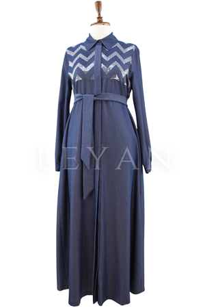 Nuss Denim Zikzak Payetli Elbise- LYN04646 Koyu Mavi