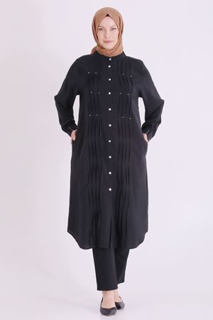 Behrem Boncuk İşlemeli Tunik-LYN04664 Siyah