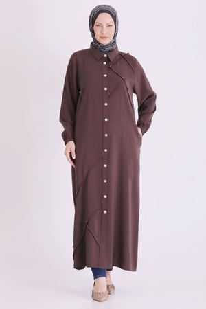 Behrem İşlemeli Nervürlü Ferace- LYN04667 Kahve