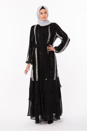 Pul Payet Detaylı Abaya Takım- LYN01214   Siyah-Gümüş