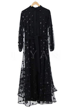Pul Payet İşlemeli Abaya Takım- LYN01982 Siyah