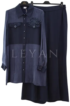 Orhan Store İşlemeli Qupra Takım-LYN04693 Lacivert