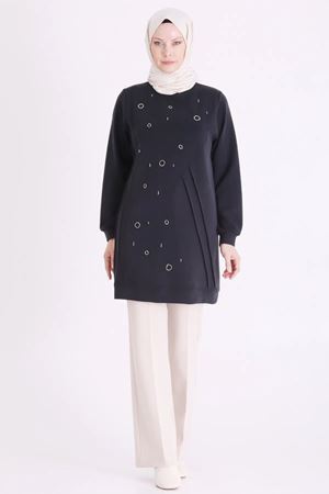 Behrem Taş İşlemeli Tunik-LYN04698 Siyah