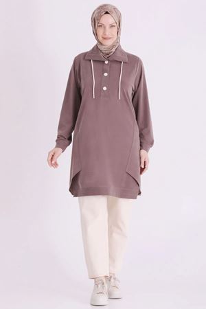 Behrem Yakası Çıtçıtlı Tunik-LYN04729 Kakao
