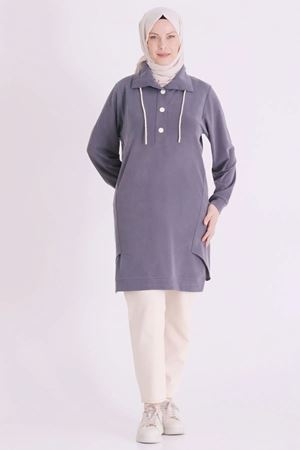 Behrem Yakası Çıtçıtlı Tunik-LYN04729 Duman Gri