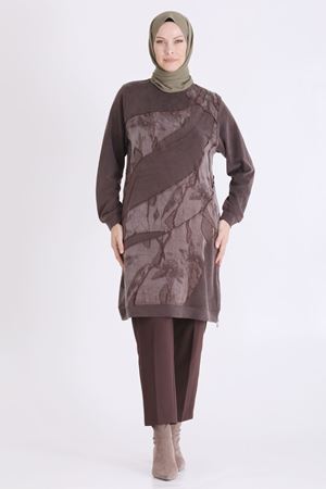 Behrem Qupra Ve Fermuar Detaylı Tunik-LYN04728 Kahve