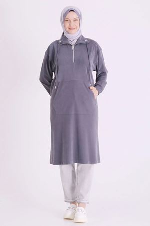Behrem Yakası Fermuarlı Tunik-LYN04730 Duman Gri