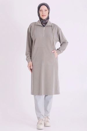 Behrem Yakası Fermuarlı Tunik-LYN04730 Çağla
