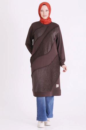 Behrem Kadife Ve Taş Detaylı Tunik-LYN04733 Kahve