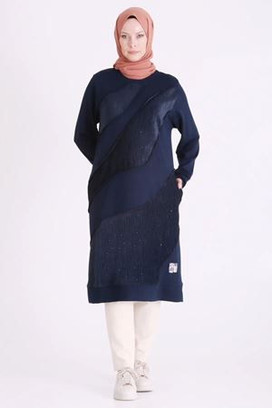 Behrem Kadife Ve Taş Detaylı Tunik-LYN04733 Lacivert