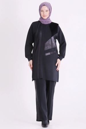Behrem Deri Ve Kürk Detaylı Takım-LYN04739 Siyah