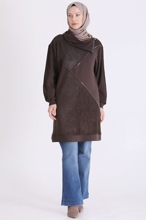 Behrem Kadife Detaylı Tunik-LYN04734 Kahve
