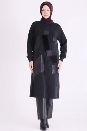 20149 Bhrm Parçalı Deri Kombinli Tunik-LYN04741 Siyah