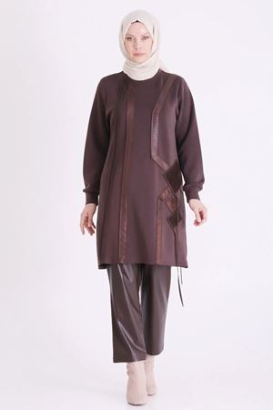 Behrem Deri Detaylı Tunik-LYN04742 Koyu Kahve