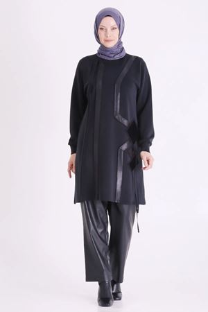 Behrem Deri Detaylı Tunik-LYN04742 Siyah