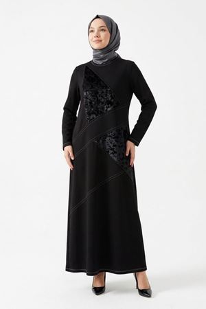 Defrina Kadife Detaylı Elbise-LYN04767 Siyah