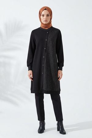 Defrina Verev Bantlı Simli Tunik-LYN04772 Siyah