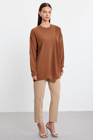 Tığ Triko Örgü Detaylı Rayon Tunik-LYN04764 Kahve