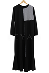 Kazayağı ve Şerit Detaylı Elbise- LYN01945 Siyah