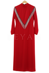 Taş Püskül Detaylı Krep Kumaş Abiye Elbise- LYN02165 Kırmızı