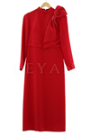 Taş İşlemeli Fiyonk Detaylı Krep Elbise- LYN02164 Kırmızı