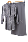 Broş Detaylı Jakarlı Takım- LYN03406 Gri