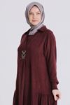 Behrem Yakalı İşlemeli Elbise - LYN04392 Bordo