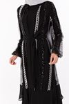 Pul Payet Detaylı Abaya Takım- LYN01214   Siyah-Gümüş