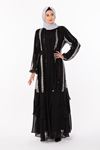 Pul Payet Detaylı Abaya Takım- LYN01214   Siyah-Gümüş