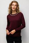 Mutlu Ertan Yakası Taşlı Uzun Kollu Bluz-LYN04754 Mürdüm